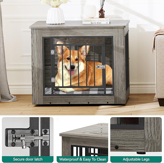 YITAHOME 32.5" L Dog Crate Furniture for Medium Dogs, 2-in-1 Iron-Wood Fusion Dog cage Indoor up to 40 lb, Side End Table, Modern Dogs Kennel with Waterproof Top, Safety Corners,Steel Lock,Grey