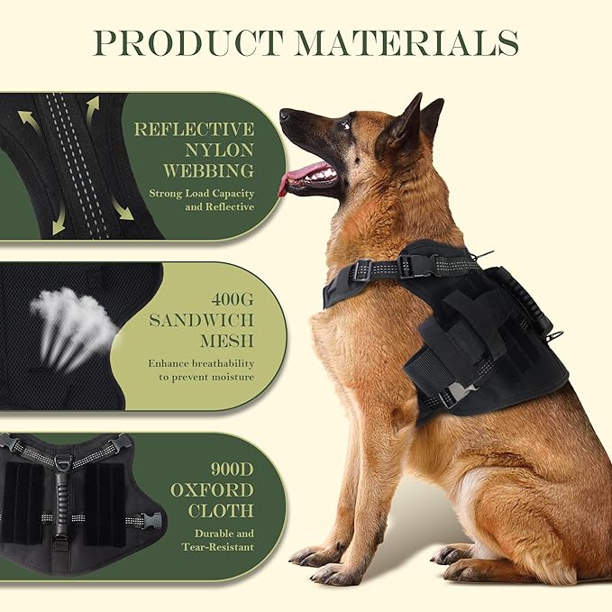 Tactical Dog Harness, Heavy Duty Dog Harness,Adjustable Breathable Pet Harness with MOLLE Panel, Small Pouch, and Bottle Holder,for Large Dogs, Black L