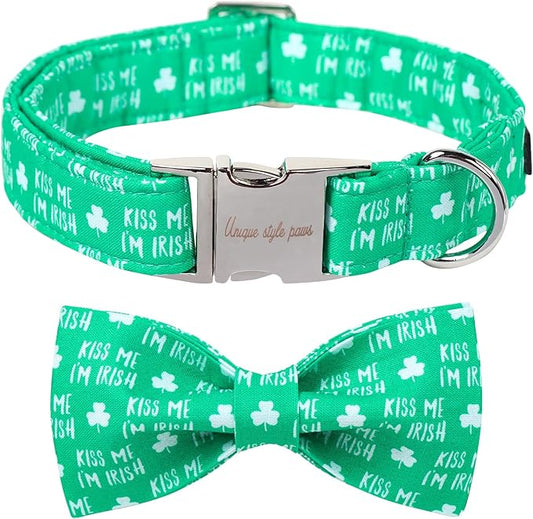 Unique Style Paws St. Patrick's Day Dog Collar with Bow Green Clover Dog Collar Bowtie Bowtie Collar for Large Medium Small Dogs