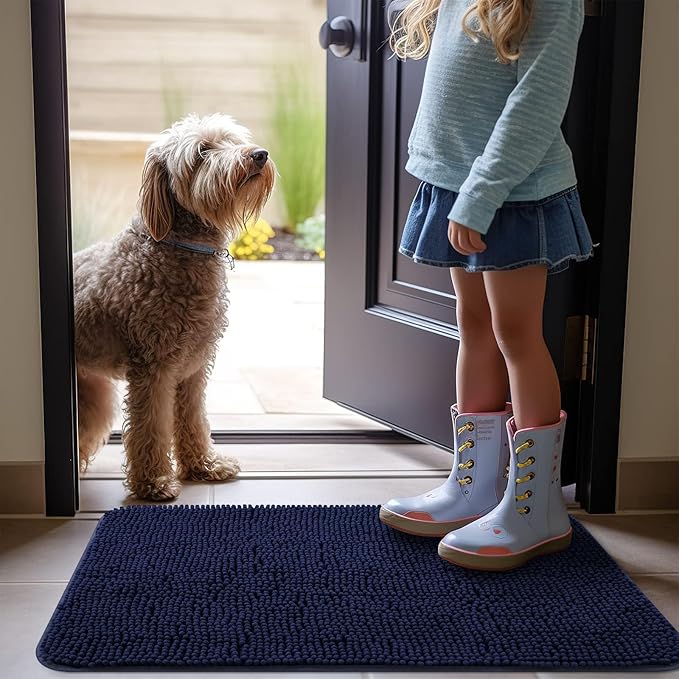 OLANLY Dog Door Mat for Muddy Paws 59x24, Absorbs Moisture and Dirt, Absorbent Non-Slip Washable Mat, Quick Dry Chenille, Mud Mat for Dogs, Entry Indoor Door Mat for Inside Floor, Navy Blue