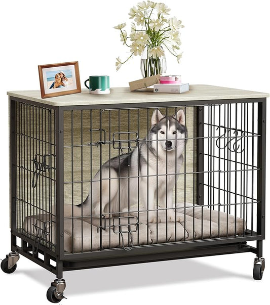 Dog Crate Furniture, 27.2" Double-Door Dog House with Removable Wheels, Heavy-Duty Wooden Kennel & Pull-Out Tray, Rustic Brown Side Table for Small Dogs, Grey