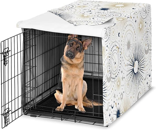 Sweet Jojo Designs Navy Blue Star and Moon Dog Crate Cover – Kennel Covers for 48 Inch Pet Cage Large - Gold Grey Celestial Sky Stars Gray Shabby Chic