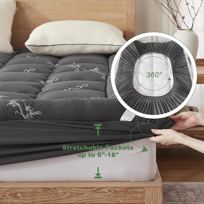 BEDLORE King Mattress Topper Viscose Derived from Bamboo, Thick Pillow Top Mattress Pad with Stretchable Pockets for 6"-18" Mattress, Soft Breathable Mattress Topper for Back Pain Relief(Dark Gray)