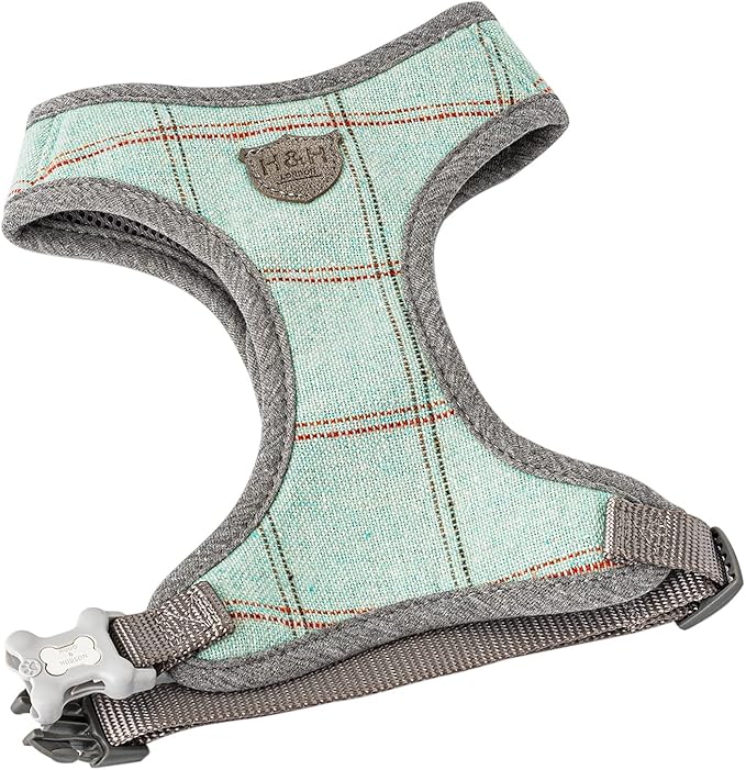 HUGO & HUDSON Dog Harness, No-Pull Anti Choke Tweed Harness Vest, Aqua Checkered, L