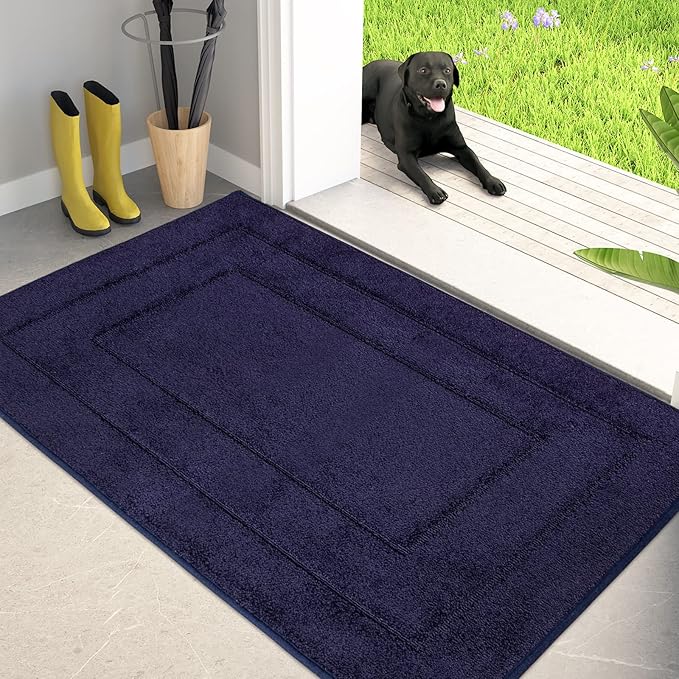 PURRUGS Dirt Trapper Door Mat 34" x 59.5", Non-Slip/Skid Machine Washable Entryway Area Rug, Dog Door Mat, Super Absorbent Welcome Mat for Muddy Wet Shoes and Paws, Navy Blue