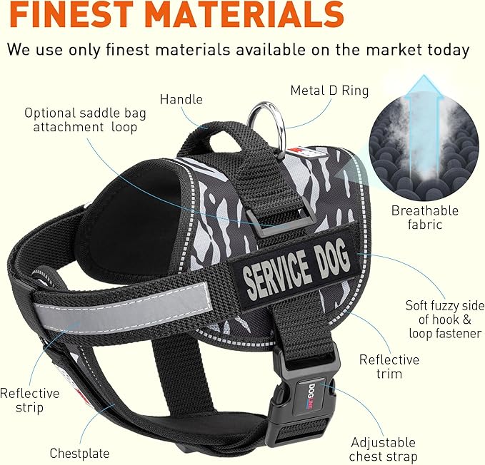 Dogline Unimax Dog Harness Vest with Service Dog Patches Reflective No-Pull, Adjustable Straps, Breathable Neoprene for Medical, Service, Identification and Training Dogs Girth 28 to 38" Zebra