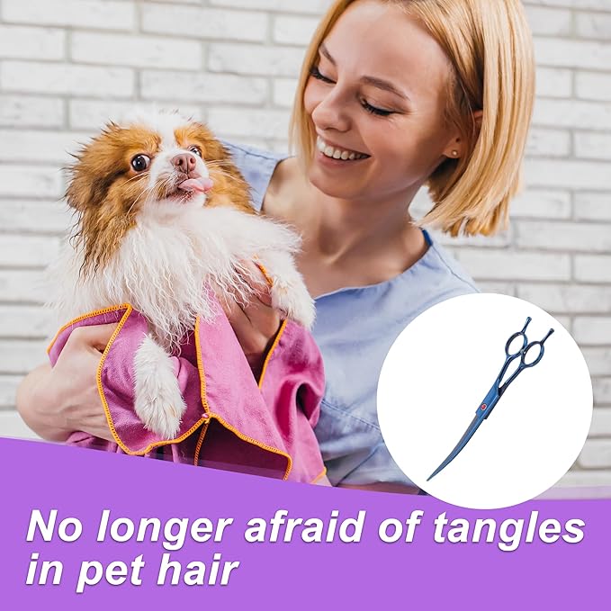 Dog Grooming Scissors, with Ergonomic Handle, Pill Popper for Cats, Upper Bend Shears, Stainless Steel Curved Shears for Dogs Cats, Blue, 7.5inch