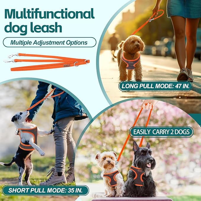 Dog Harness with Multifunction Dog Leash,No Pull Reflective Step-in Harness for Soft Adjustable No Choke Escape Proof,Easy Walk Dog Harness for Medium Dogs (Orange&Dark Grey, M)