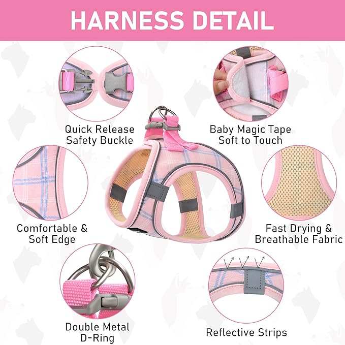 GAMUDA Small Dog Harness Collar and Leash Set, Step in No Chock No Pull Soft Mesh Adjustable Dog Vest Harnesses Plaid Reflective for Dogs Puppy Cats Kitten Rabbit (Pink, XS)