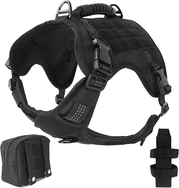 Tactical Dog Harness, Heavy Duty Dog Harness,Adjustable Breathable Pet Harness with MOLLE Panel, Small Pouch, and Bottle Holder,for Large Dogs, Black L