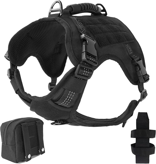 Tactical Dog Harness, Heavy Duty Dog Harness,Adjustable Breathable Pet Harness with MOLLE Panel, Small Pouch, and Bottle Holder,for Large Dogs, Black L