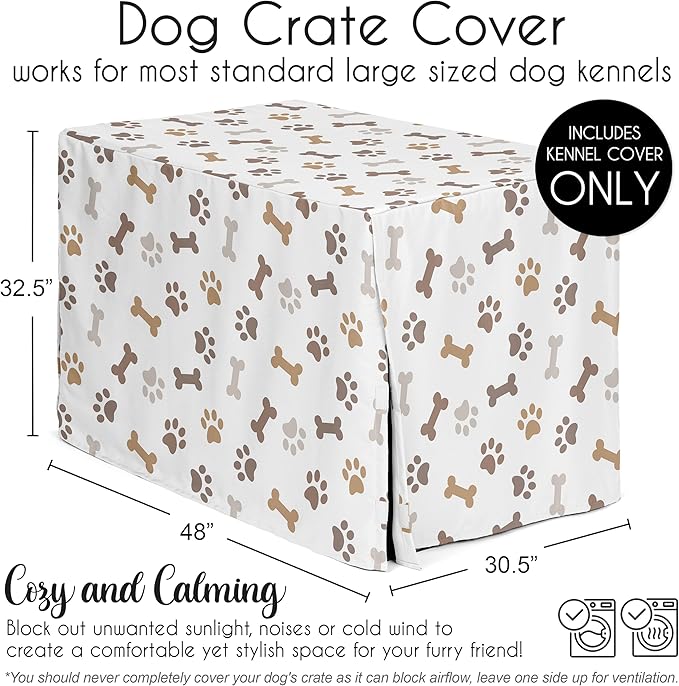 Sweet Jojo Designs 48in. Large Dog Crate Cover (Bones and Paw Prints) Pet Cage, Kennel Covers (Modern, Cartoon, Doggy, Puppy, Neutral, Paws Print, Whimsical, Brown, Tan, Grey, Taupe and Off White)