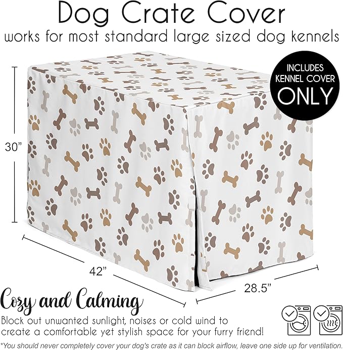 Sweet Jojo Designs 42in. Medium/Large Dog Crate Cover (Bones and Paw Prints) Pet Cage, Kennel Covers (Modern, Cartoon, Doggy, Puppy, Neutral, Paws Print, Whimsical, Brown, Tan, Grey, Taupe and White)