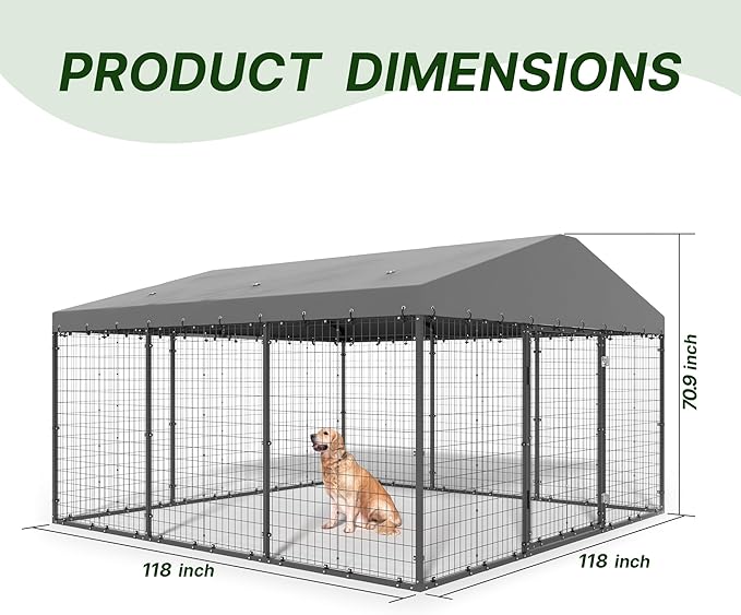 Kurapika Large Outdoor Dog Kennel, Heavy Duty Dog Cage with Waterproof Roof, Galvanized Steel Dog Fence with Double Secure Lock for Patio & Garden (118" L x 118" W x 70.9" H)