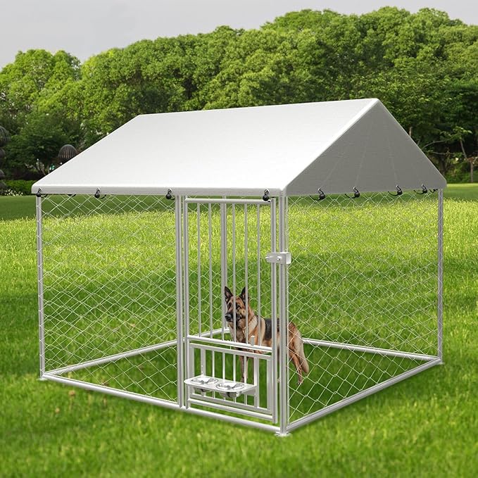 Large Outdoor Dog Kennel, Heavy Duty Galvanized Steel Dog Enclosure with Swivel Feeder, Chicken Coop w/Waterproof UV-Resistant Cover, Lockable Door Chain Link for Backyard (80" L x 80" W x 60" H)