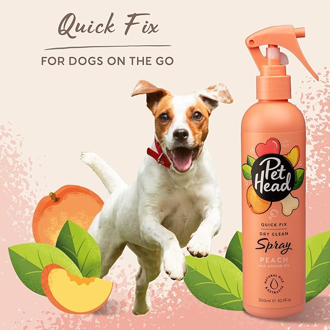 Pet Head Quick Fix Dog Dry Clean Spray | Peach Scent | Dry Dog Shampoo for Smelly Dogs | Nourishes and Softens Coat & Skin | Vegan | Gentle Formula for Puppies | Made in USA | 10.1 fl. oz.