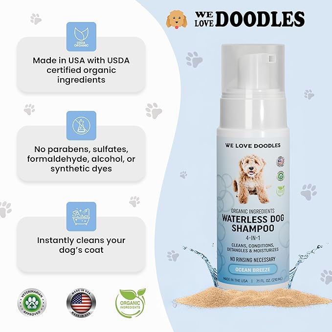 Waterless Dog Shampoo - Cleans & Moisturizes Coat, No Rinse Dog Shampoo, Safe Foam Formula & Pet-Friendly Dog Deodorizing Spray, 5.2 oz (Ocean Breeze) [We Love Doodles]