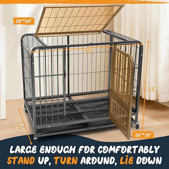 37 Inch Dog Crates for Small Medium Dogs Pets Indoor, Indestructible Enhanced Cage Kennel with 3 Doors, Lockable Wheels and Removable Tray, Heavy Duty Escape Proof Carrier, 37 x 25 x 33 Inch