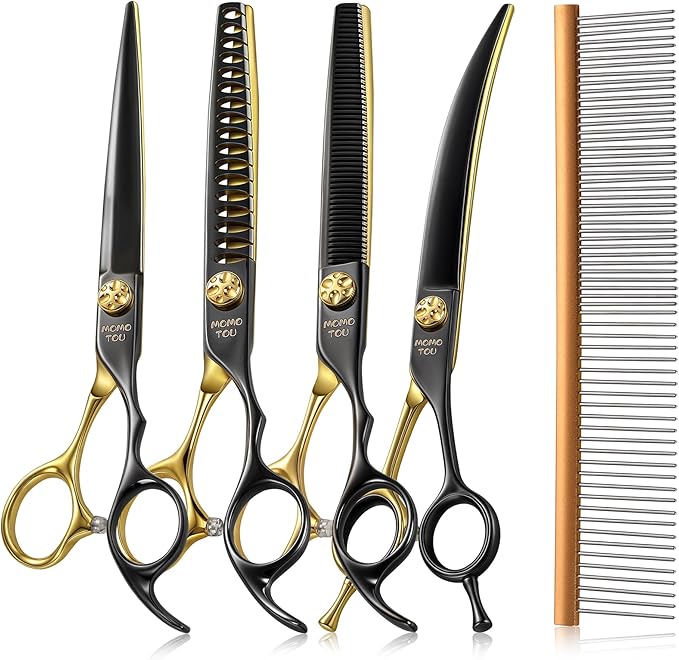 7.5'' Black & Gold Dog Grooming Scissors Set with Comb Curved Thinning Chunker Straight Shears 4PCS in Scissors Bag 440C Stainless Steel Sharp and Durable for Groomers and Beginners