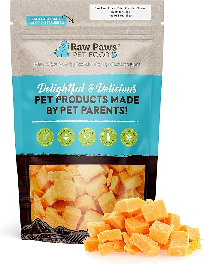 Raw Paws Freeze Dried Cheddar Cheese Treats for Dogs, 3-oz - Crunchy Dog Cheese Puffs Made in USA, Natural Dried Cheese for Dogs - 100% Real Wisconsin Cheddar Cheese Bites for Dogs - Dog Cheese Treats
