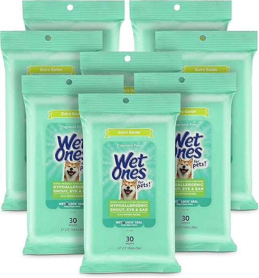 Wet Ones for Pets Extra Gentle Dog Wipes with Witch Hazel for Snout, Eye, Ear, Fragrance-Free Dog Wipes for All Dogs Wipes with Wet Lock Seal (Pack of 8, 240 Count Total)