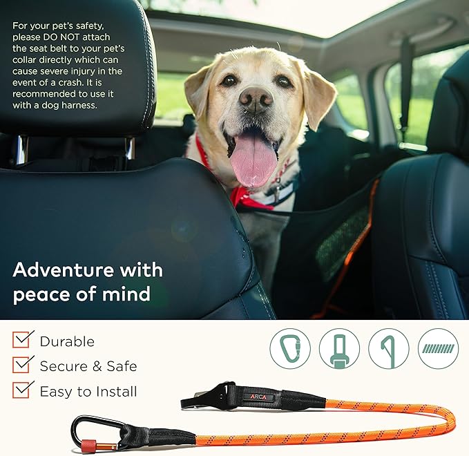 Dog Seat Belt for Car | Universal Dog Car Seatbelt | Durable Reflective Dog Seatbelt with Clip Hook Latch, Buckle and Carabiner- Safe and Secure Pet Safety Restraint for Dog (Orange)