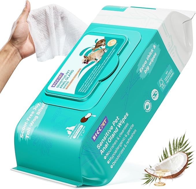 HICC PET Wipes for Dogs & Cats, Cleansing Deodorizing & Soothing Allergy Infections Anal Gland Pets Wipes with Coconut Oil - Dog Grooming Wipes for Butt and Paw - Hypoallergenic & Vet Recommended