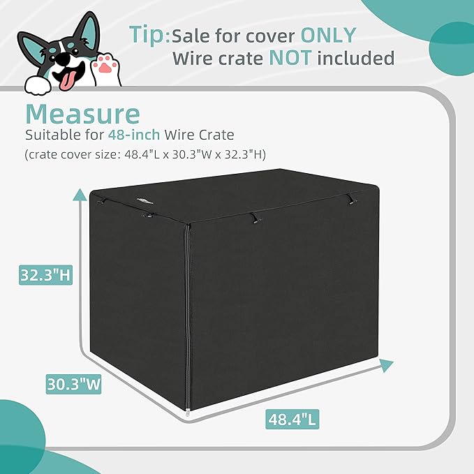 48 Inche Dog Crate Cover, Double Door Dogs Kennel Covers for Large Wire Crate, Lightweight 600D Polyester Windproof, Cover Only, Black