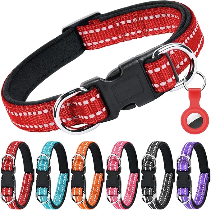 AUAUY Reflective Nylon Dog Collars, Adjustable Classic Pet Collars with Soft Neoprene Padding, Double Security Dual D-Ring and Quick Release Buckle for Small Puppy, Medium and Large Dogs (Red-L)