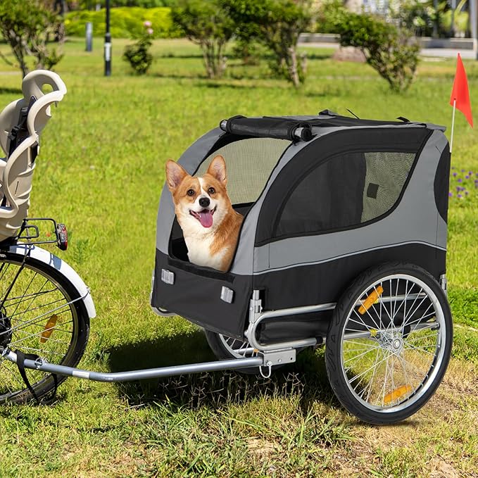 PETSITE Dog Bike Trailer, Dog Cart for Bicycle with 3 Breathable Mesh Entrances, Safety Flage, Easy Folding Pet Carrier with Quick Release Wheels, Pet Bike Trailer for Small & Medium Sized Dogs