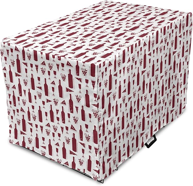 Lunarable Drinks Dog Crate Cover, Illustration of Grunge Style Wine Bottles Glasses Cheese and Grapes Vintage, Easy to Use Pet Kennel Cover for Medium Large Dogs, 48 Inch, Maroon and White