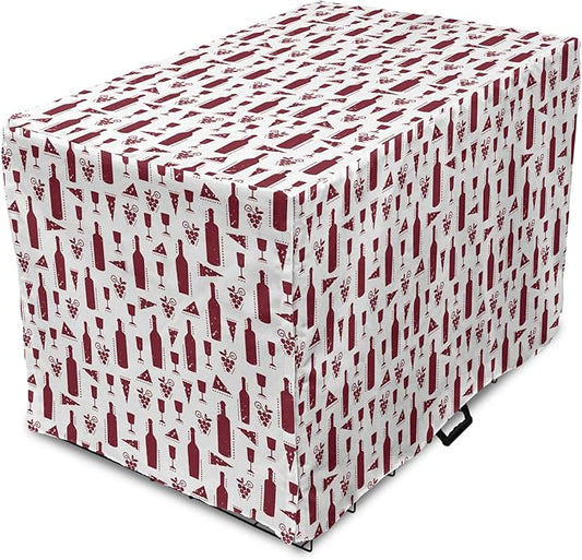 Lunarable Drinks Dog Crate Cover, Illustration of Grunge Style Wine Bottles Glasses Cheese and Grapes Vintage, Easy to Use Pet Kennel Cover for Medium Large Dogs, 42 Inch, Maroon and White