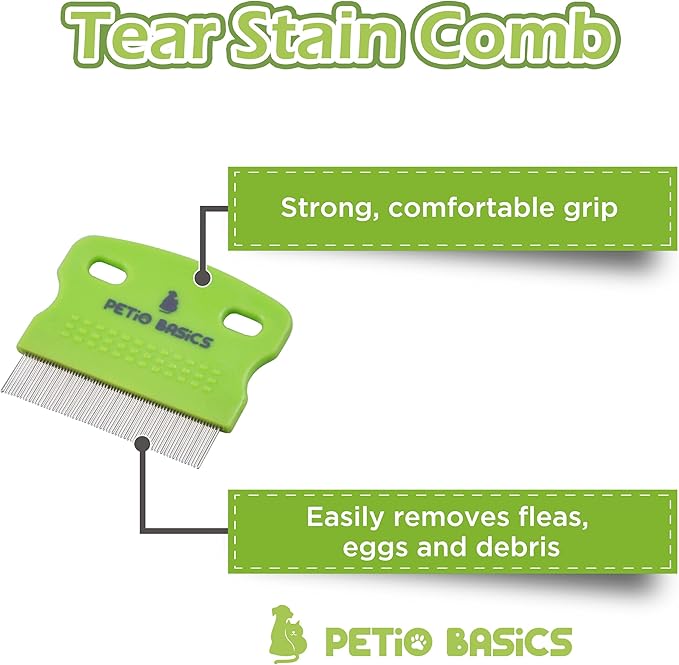 Tear Stain Comb Pet Grooming Tool by Petio Basics with 65 Stainless Steel Pins Safely Removes Mucus Around Eyes