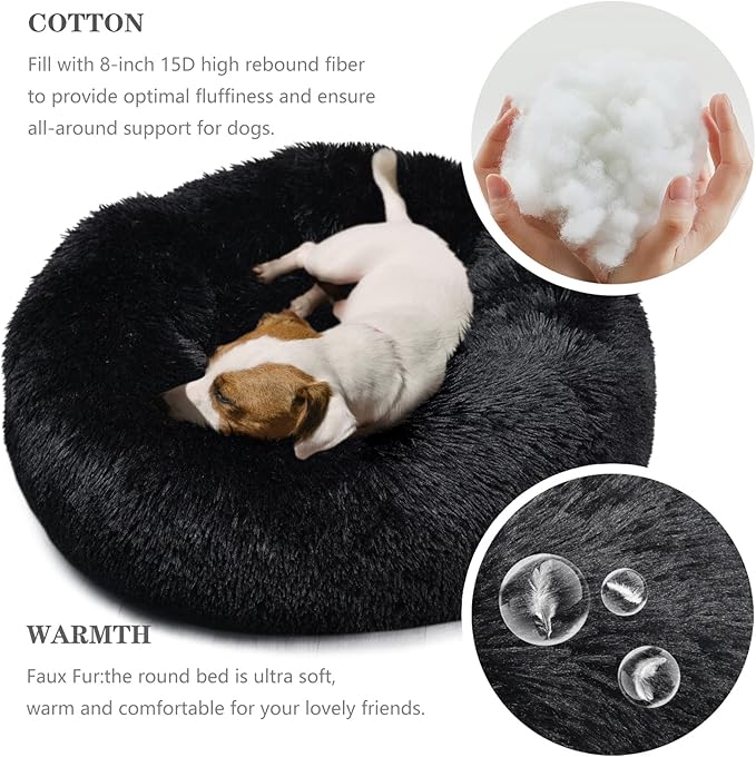 Dog Beds for Medium Dogs Washable Calming Bed for Dogs 30 Inches Black Fluffy and Soft Dog Bed Calm and Anti Anxiety Faux Fur Round Medium Sized Pet Bed for Dog