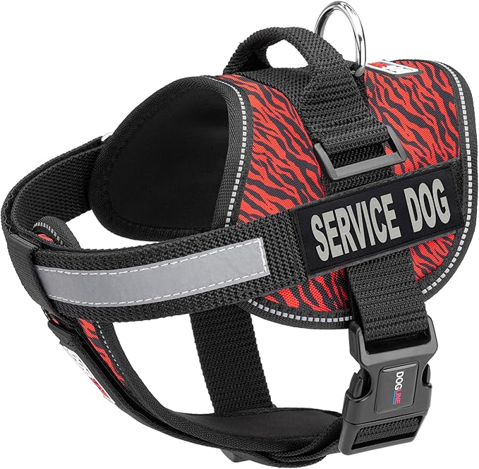 Dogline Unimax Dog Harness Vest with Service Dog Patches Reflective No-Pull, Adjustable Straps, Breathable Neoprene for Medical, Service, Identification and Training Dogs Girth 22 to 30" Zebra Red