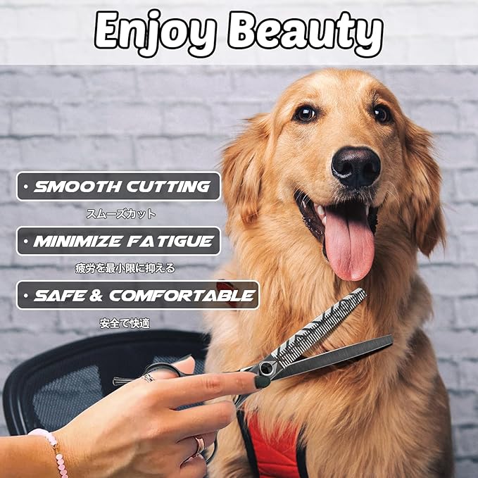 7" Dog Grooming Scissors Kit Black, Premium Japanese 440C Stainless Steel Straight, Thinning, Curved, Chunker Shears With Steel Comb for Precise Styling