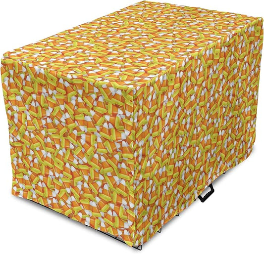 Lunarable Candy Corn Dog Crate Cover, Halloween Design of Cartoon Style Foods Scattered Randomly, Easy to Use Pet Kennel Cover for Small Dogs Puppies Kittens, 22 Inch, Apricot Avocado Green
