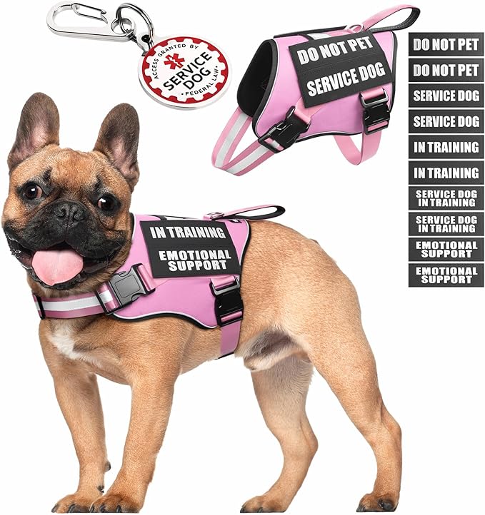 Service Dog Vest Harness+ID Tag+10 Patches,Metal Serivce Dog Tag&Reflective Emotional Support Dog Vest with Handle for Small Dogs,Easy Put On/Off for Training/Walking/Everyday Pink S