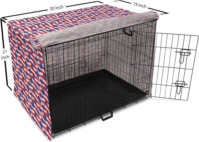 Lunarable Football Dog Crate Cover, Wavy Stripes and National Sport in American USA Inspired Colors, Easy to Use Pet Kennel Cover for Cats & Medium Dogs, 30 Inch, Coral Violet Blue White