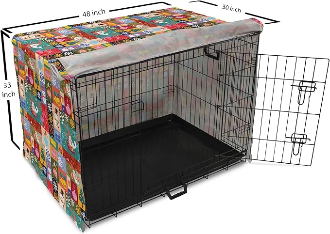 Lunarable Christmas Dog Crate Cover, Modern Design Theme Funny Xmas Winter Patterns Theme, Easy to Use Pet Kennel Cover for Medium Large Dogs, 48 Inch, Red Blue