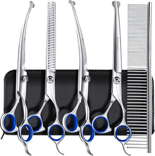 Gimars 7.0in Professional 4CR Stainless Steel Safety Round Tip 6 in 1 Dog Grooming Scissors Heavy Duty Titanium Coated Pet Grooming Scissor for Dogs, Cats and Other Animals
