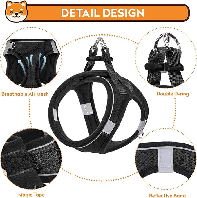 Dog Harness with Leash Set, No-Pull Step-in Reflective Pet Harness with 1 Leash Clips, Adjustable Soft Padded Easy Walk Dog Vest for Small Medium Large Dogs, Cats(Carbon Black, XSmall)