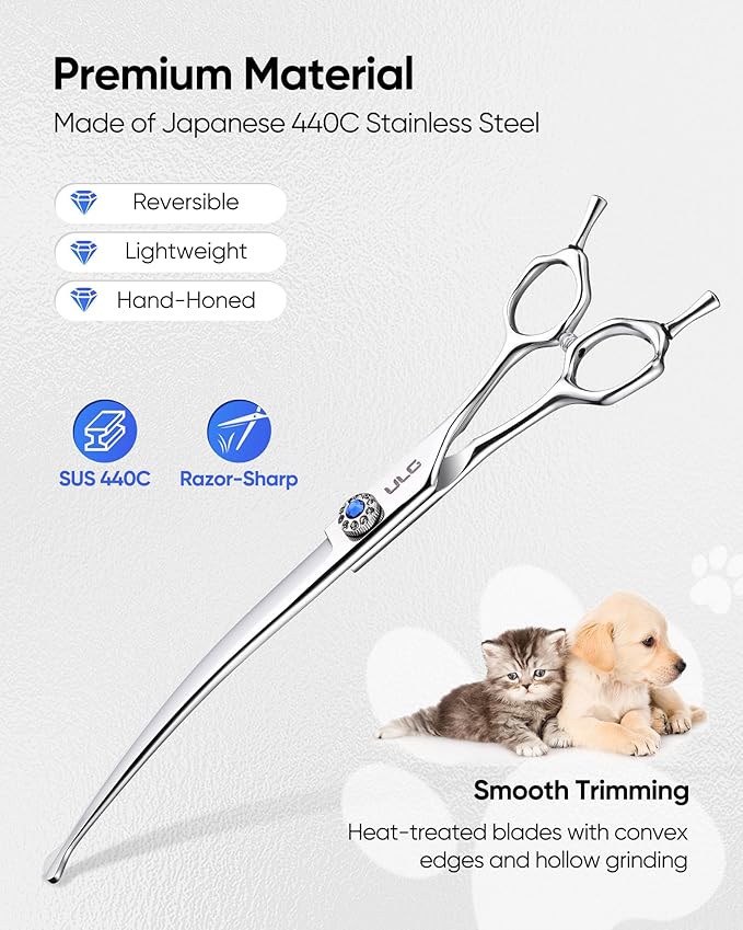 ULG Curved Thinner Dog Shears for Grooming - Ergonomic Dog Grooming Shears Sharp Curved Blender Dog Scissors for Grooming 440C Stainless Steel Grooming Scissors Professional Pet Shears