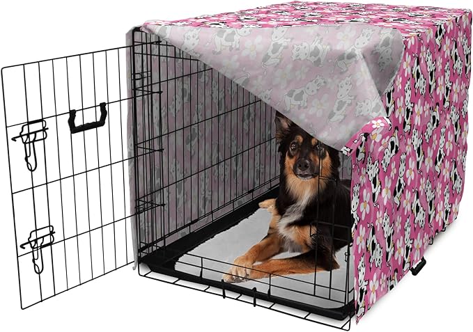 Lunarable Cow Dog Crate Cover, Cartoon Pattern Domestic Farm Animal and Daisy Flowers, Easy to Use Pet Kennel Cover for Medium Large Dogs, 36 Inch, Pink Charcoal Grey