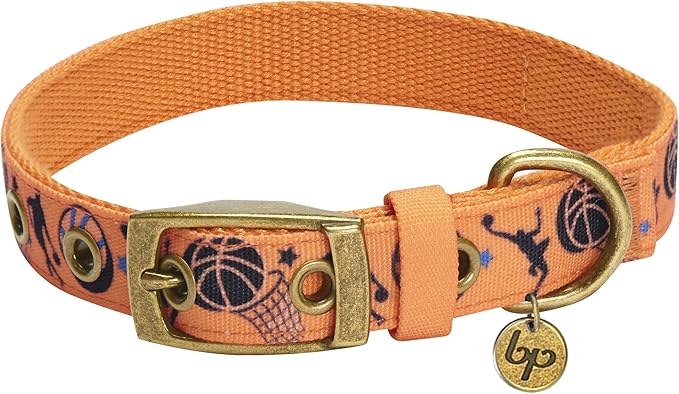 Blueberry Pet 5 Patterns Sports Fan Basketball Canvas Adjustable Dog Collar with Metal Buckle - Passion Orange, Neck 13-16.5", for Medium Breed