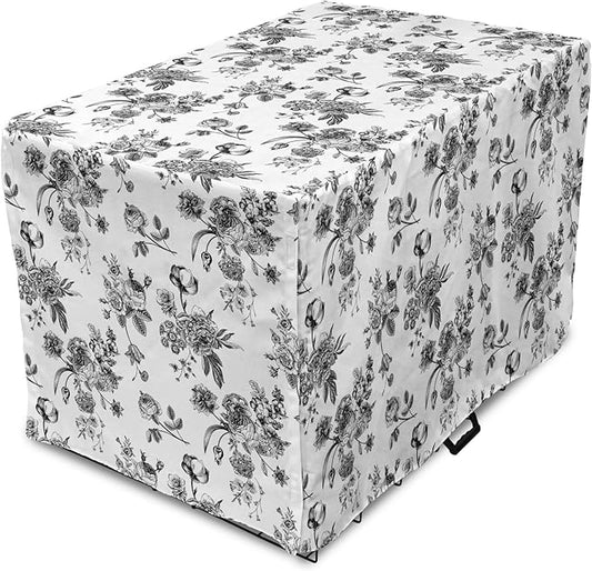 Ambesonne Black and White Dog Crate Cover, 22 Inch, Polyester Canvas Fabric, Water Resistant, Machine Washable, Easy to Use, Fits Standard Large Wire Crates