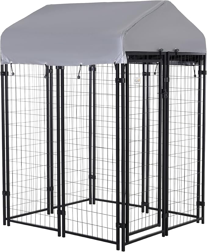 PawHut Outdoor Dog Kennel with Roof, 4' x 4' x 6' Heavy Duty Welded Wire Dog Playpen Enclosure with Escape-Proof Lock, UV-Resistant & Waterproof Cover, for Medium Dogs, Silver