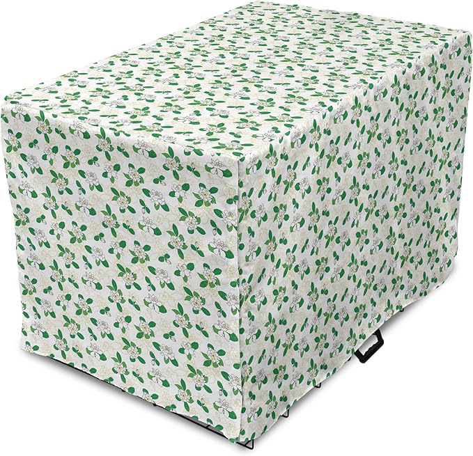 Lunarable Jasmine Dog Crate Cover, Gardenia Simplistic Romantic Flowers Continuous Pattern, Easy to Use Pet Kennel Cover for Small Dogs Puppies Kittens, 22 Inch, Fern Green Pastel Yellow