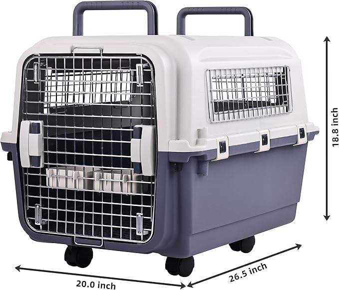 Plastic Kennels Pet Carrier Rolling Plastic Airline Approved Wire Door Travel Dog Crate, Medium (26.5" L x 20" W x 18.8" H)