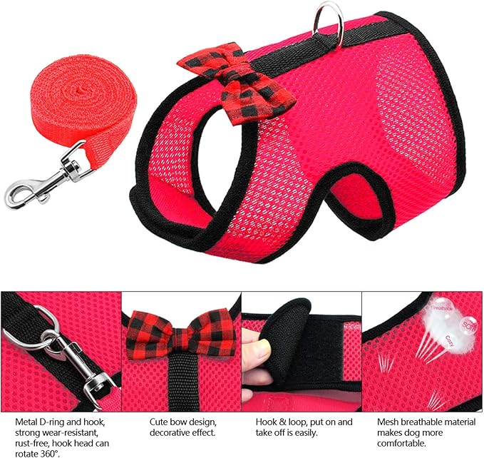 Rypet Small Animal Harness and Leash - Soft Mesh Small Pet Harness with Safe Bell, No Pull Comfort Padded Vest for Small Pet Red M
